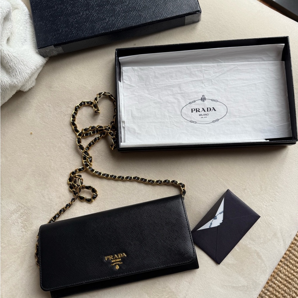 Prada Black Leather Wallet with Gold Chain